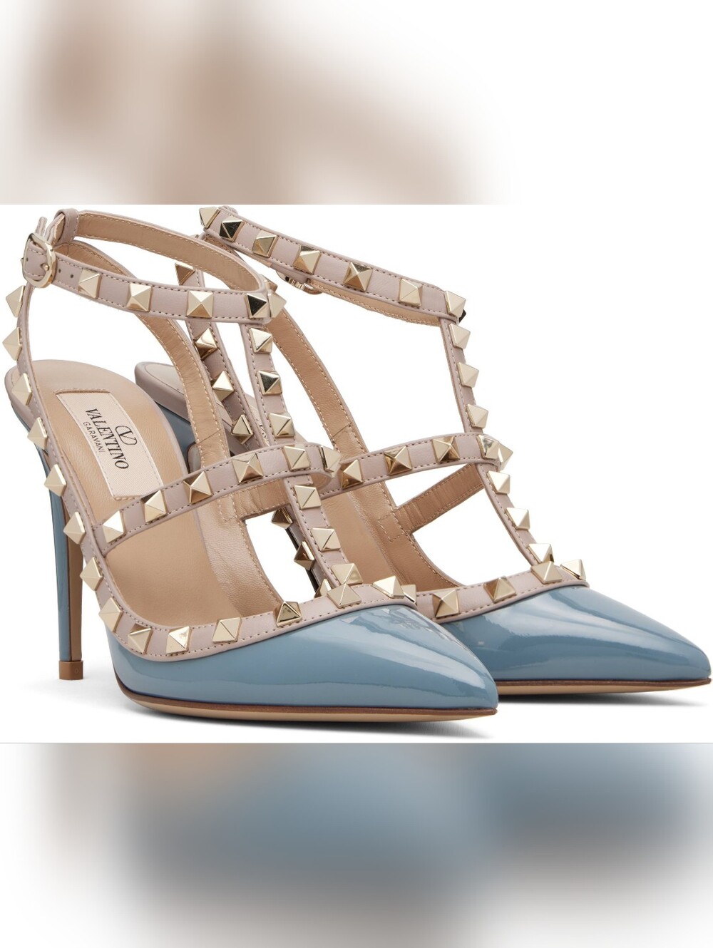 Valentino Garavani Blue/Grey Patent Leather Rockstud T-Strap Pumps Heels